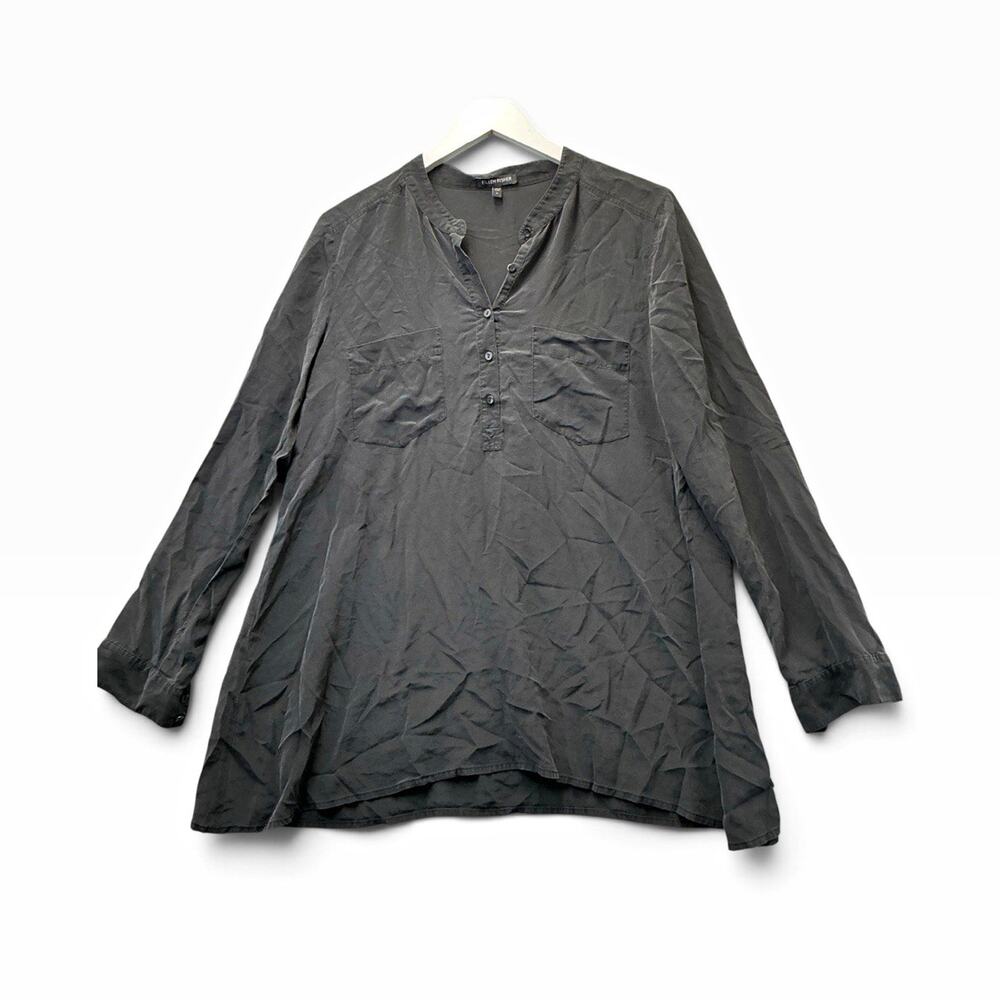 Eileen Fisher Women’s Size S Gray Solid Silk V-Neck Long Sleeve Button Tunic